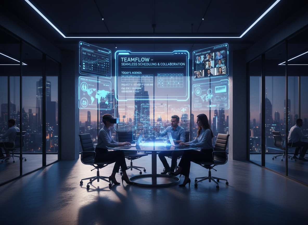A futuristic co-working space with holographic scheduling tools enabling seamless collaboration for remote teams.