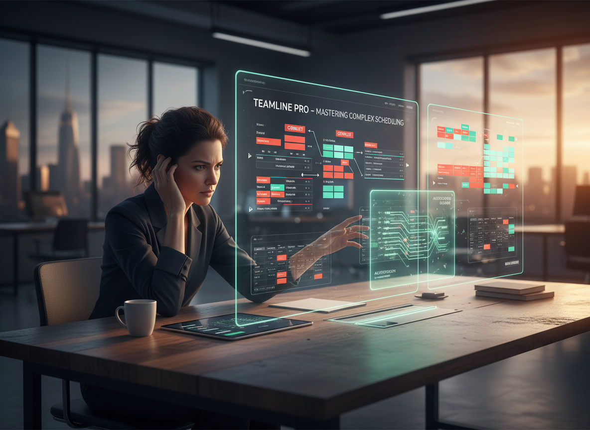 An operations manager overwhelmed by conflicting schedules and chaotic calendars, illustrating the challenges of team coordination.
