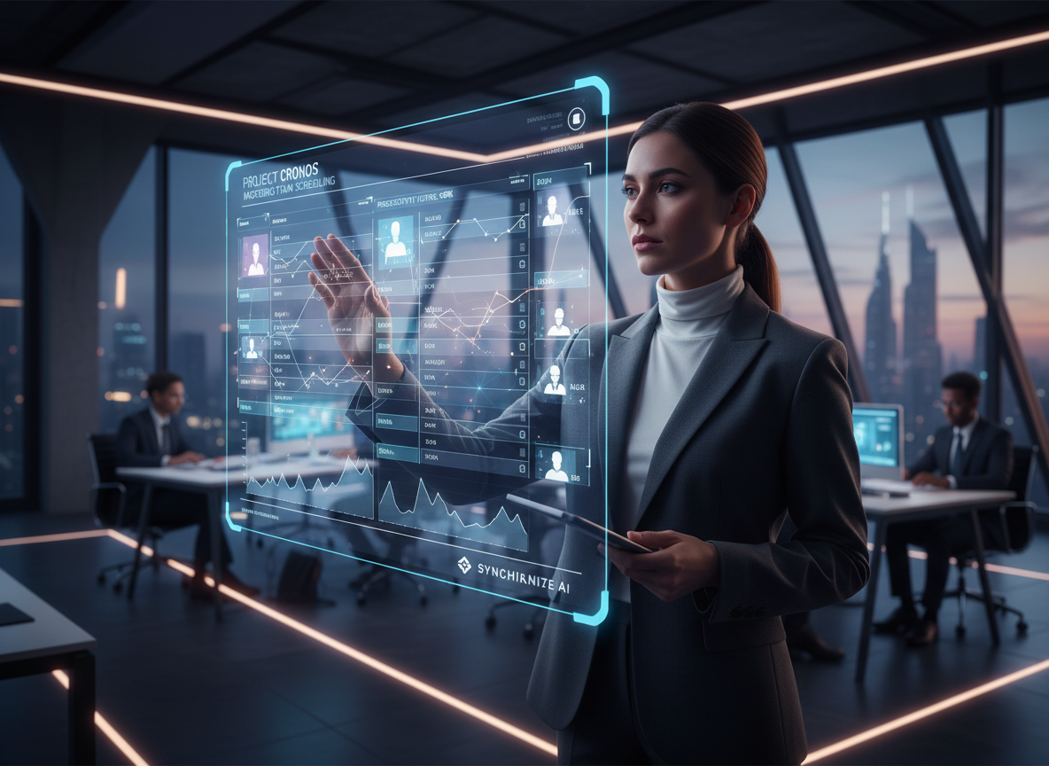 A team leader using a holographic scheduling tool in a futuristic office, showcasing how automation simplifies team coordination.