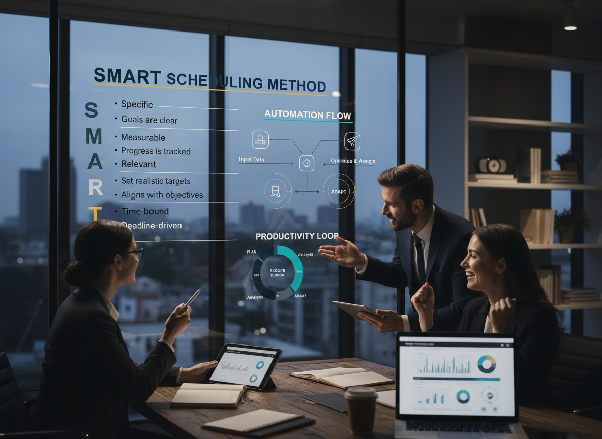 A conference room whiteboard displaying the SMART Scheduling Method framework with professionals discussing strategies.