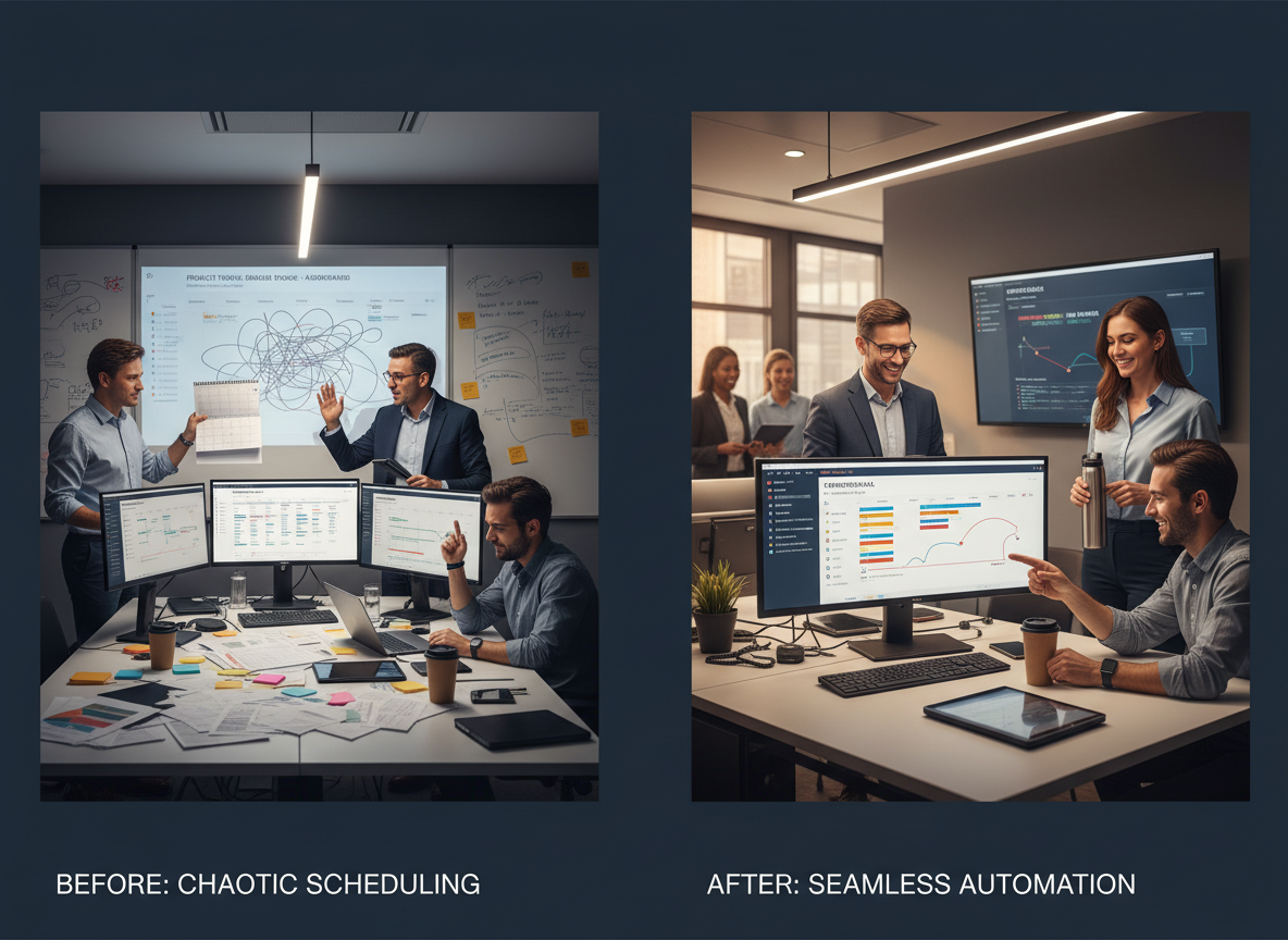 A consulting firm office showing a before-and-after transformation from chaotic scheduling to seamless automation.