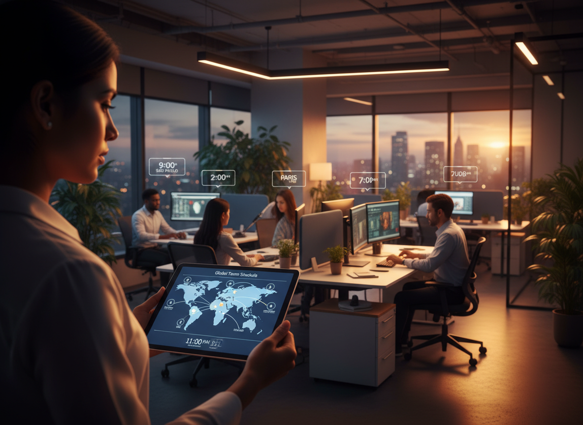 A modern office with a diverse team working across different time zones, highlighting the global nature of business operations.