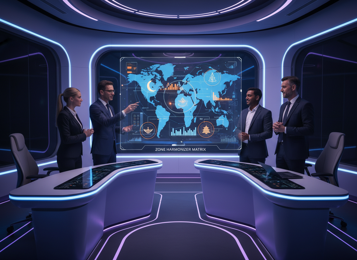 A futuristic control room with a hologram displaying Schedly's Zone Harmonizer Matrix, symbolizing coordinated global teamwork.