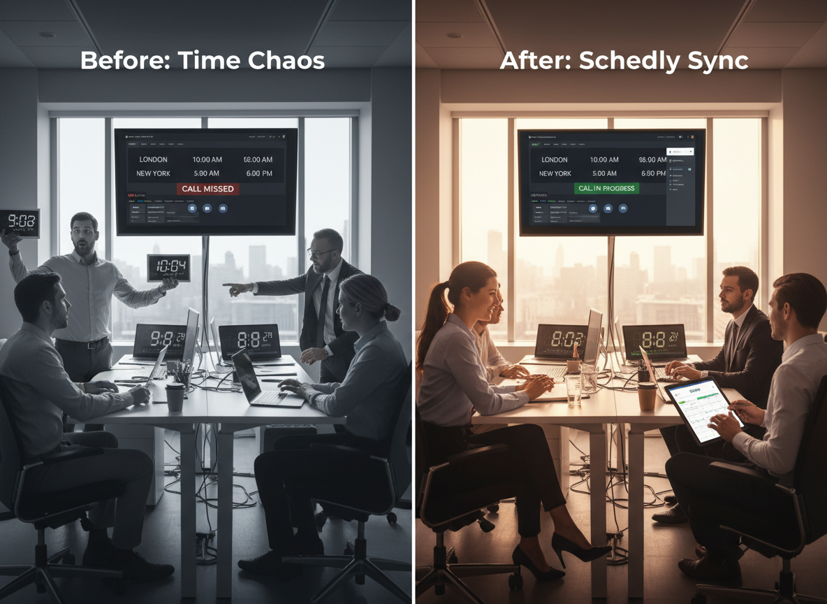 A split-screen image showing a disorganized office struggling with time zone issues and a well-coordinated office using Schedly for seamless scheduling.