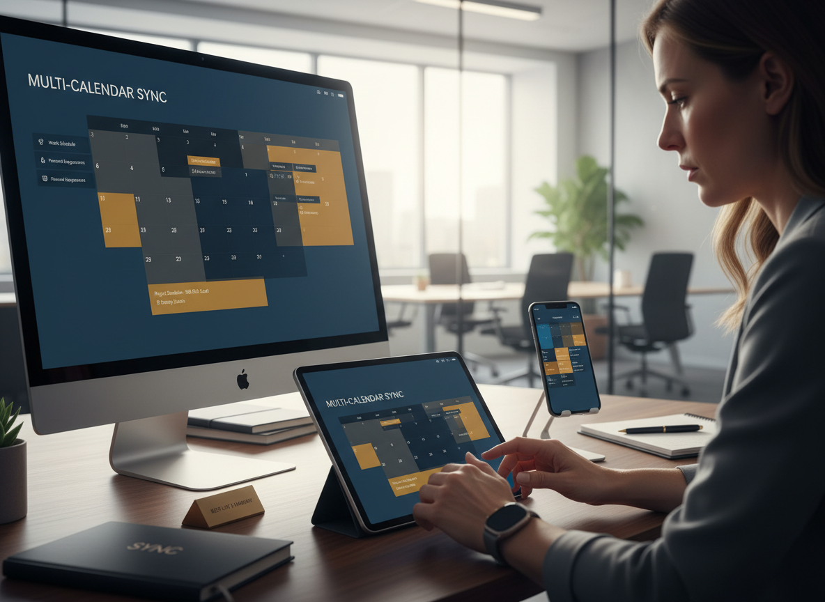 A hybrid work environment showing overlapping calendar appointments on multiple devices, illustrating the challenge of managing multiple calendars.