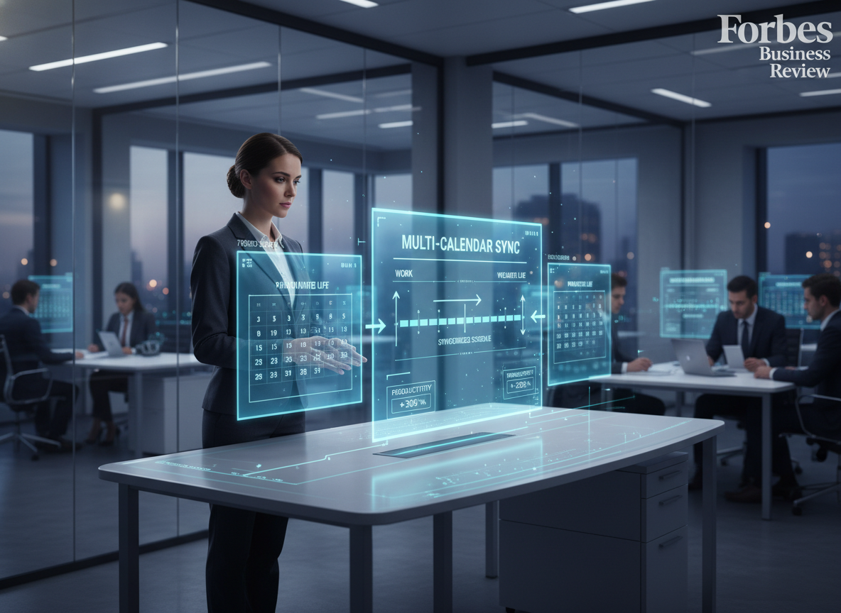 A futuristic office with holographic calendar overlays showing synchronized schedules and positive productivity metrics, emphasizing the importance of multi-calendar sync.