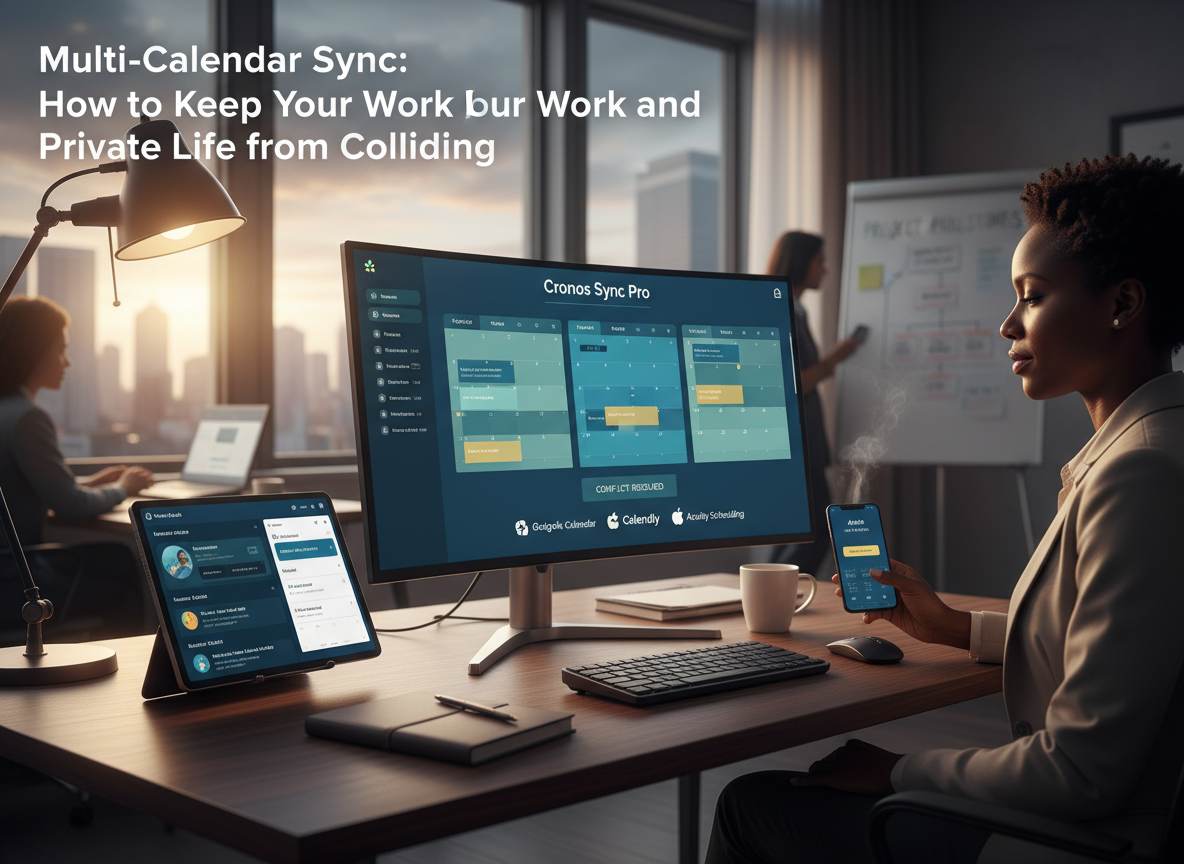 A desktop with multiple devices showing synchronized calendars, highlighting top tools for multi-calendar integration and their user-friendly interfaces.