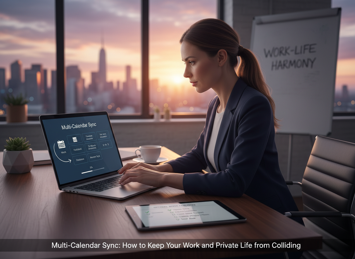 A professional setting up a multi-calendar sync tool on a laptop, with step-by-step instructions visible and a checklist for optimal features nearby.