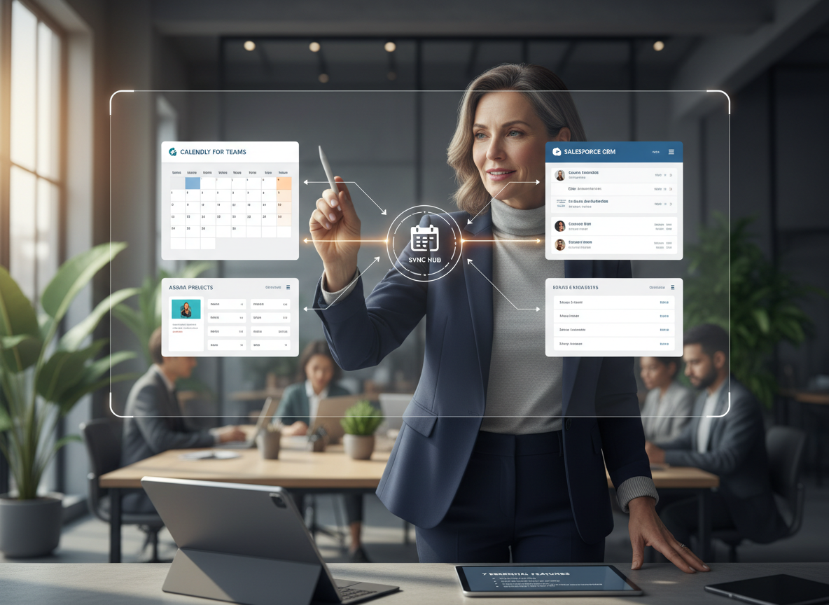A professional demonstrating seamless integration of a scheduling tool with existing software platforms in a modern workspace.