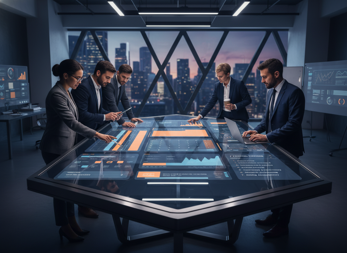 A team collaborating in real-time around a touchscreen displaying a shared and interactive scheduling interface.