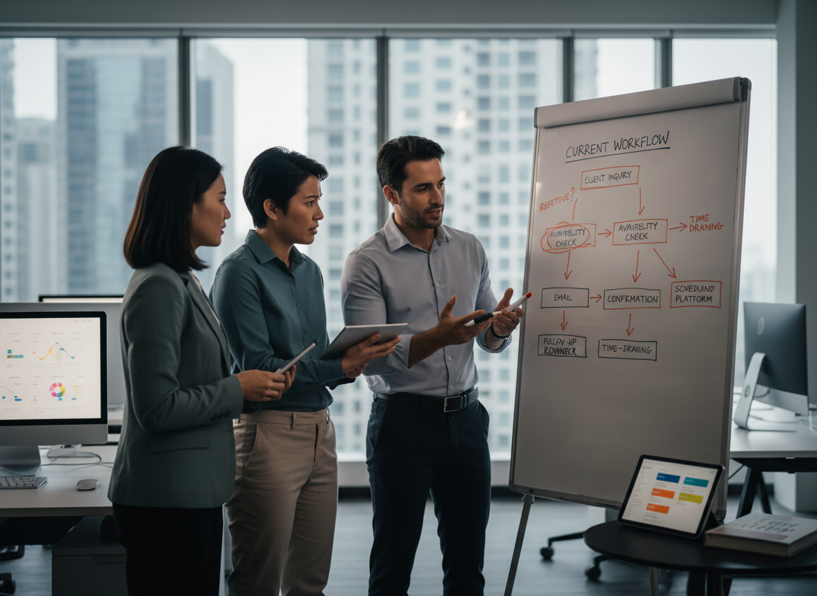 A collaborative team analyzing a whiteboard with a flowchart labeled 'Current Workflow,' identifying inefficiencies and repetitive tasks to assess their scheduling process.