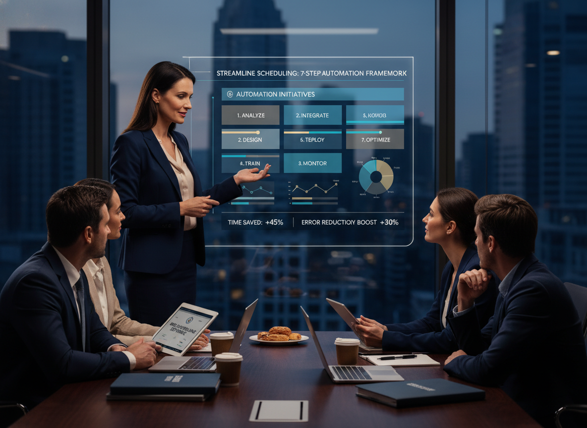 A businesswoman presenting a KPI dashboard in a conference room, illustrating measurable goals and outcomes for automation initiatives.