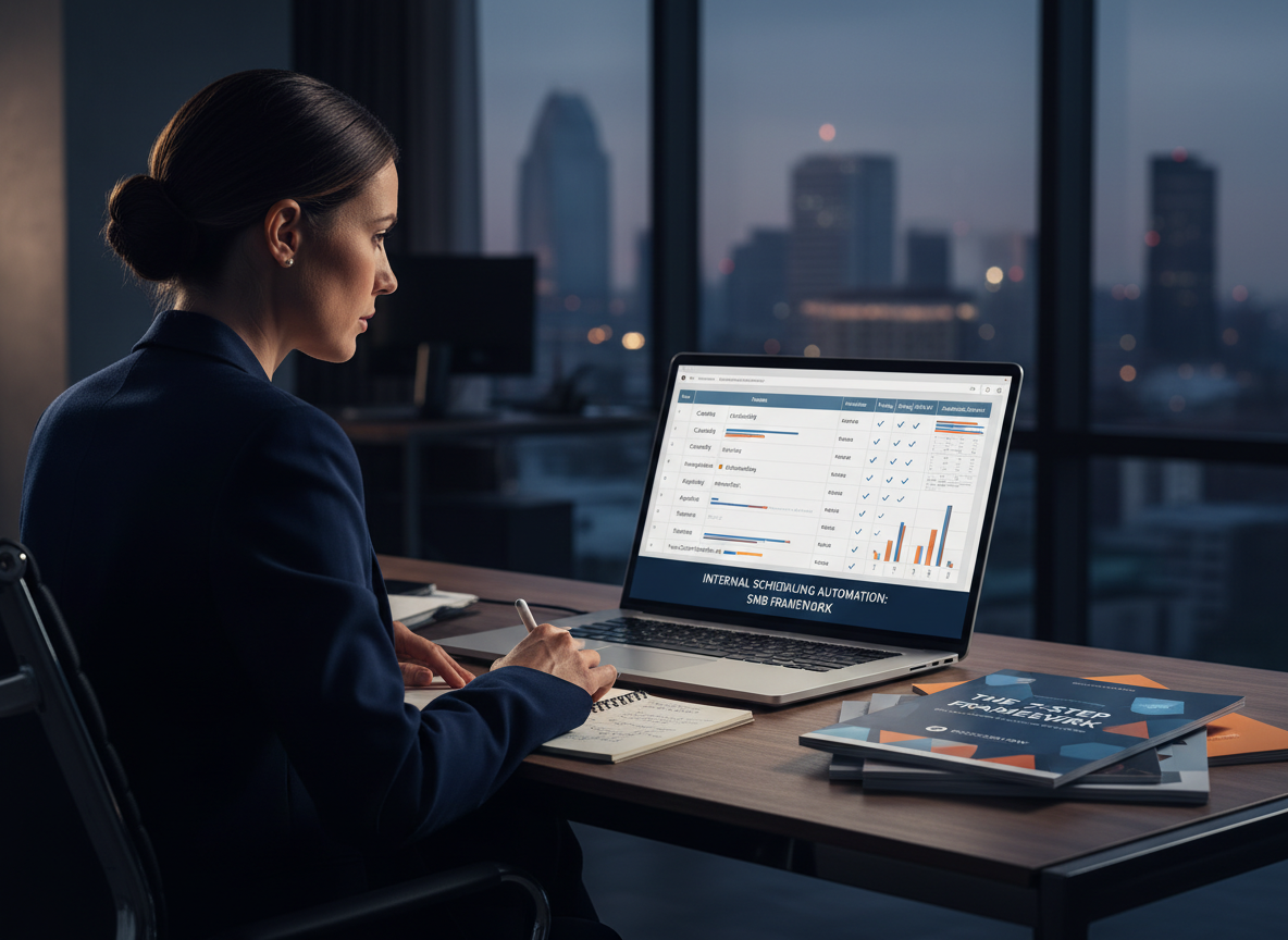 A professional comparing scheduling tools with a laptop showing a detailed comparison chart and brochures laid out on a desk.