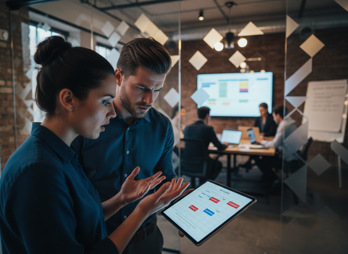 Two employees visibly frustrated over an overlapping meeting schedule displayed on a tablet, with a busy meeting room in the background.