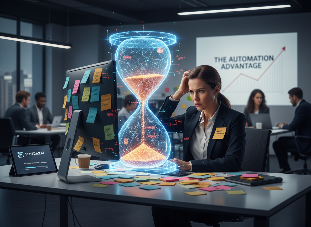 A project manager overwhelmed with scheduling tasks, surrounded by sticky notes and an hourglass holographic overlay symbolizing inefficiency.