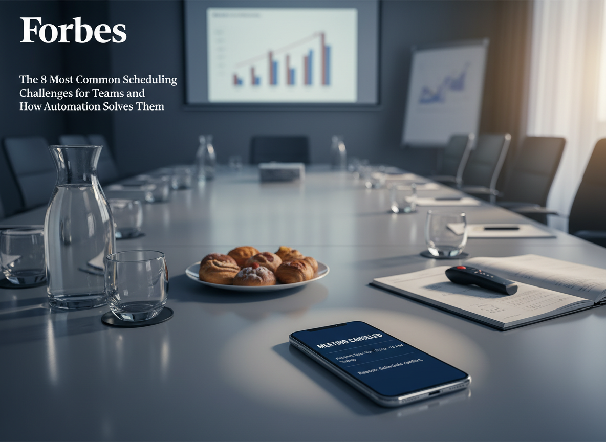 A canceled meeting notification on a phone disrupts a prepared conference room with refreshments and presentation materials untouched.