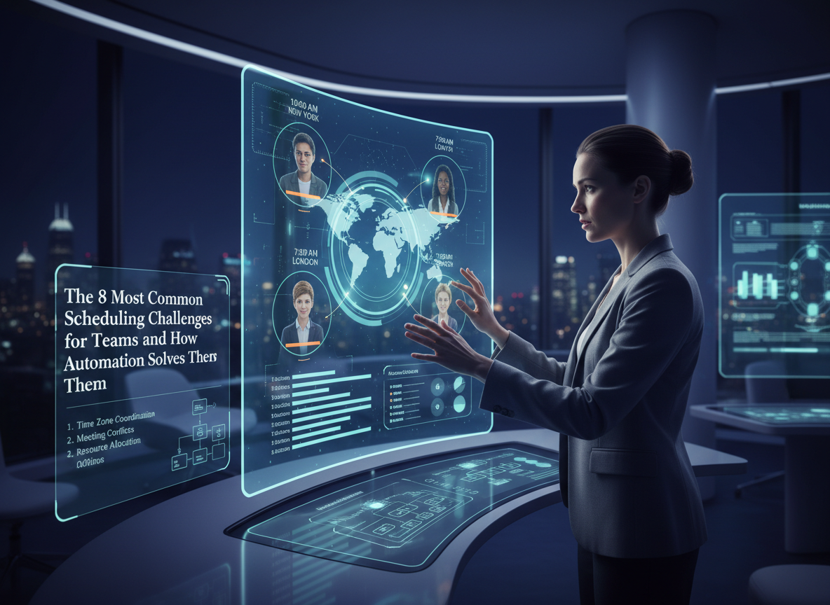 A manager coordinating across time zones with holographic avatars showing team members' availability and clocks displaying different times.