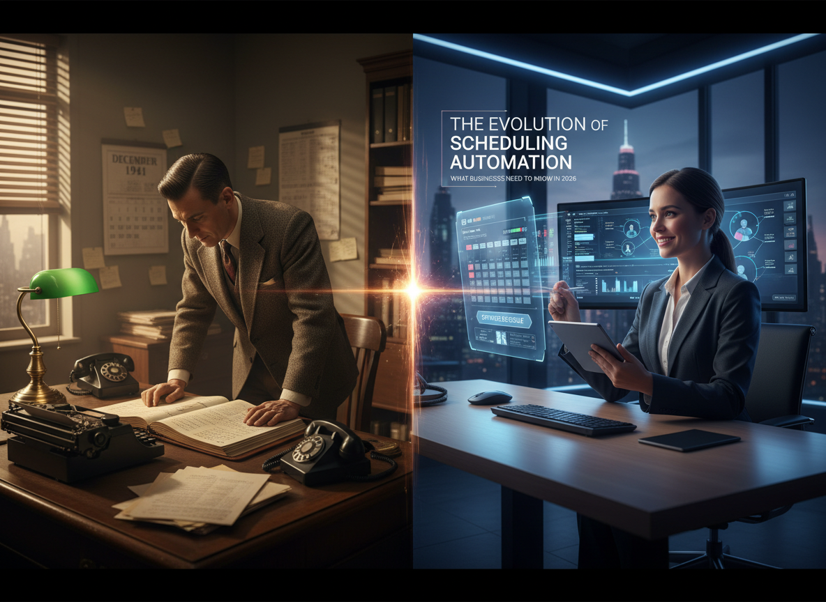A vintage office scene illustrating the evolution from manual scheduling to digital tools.