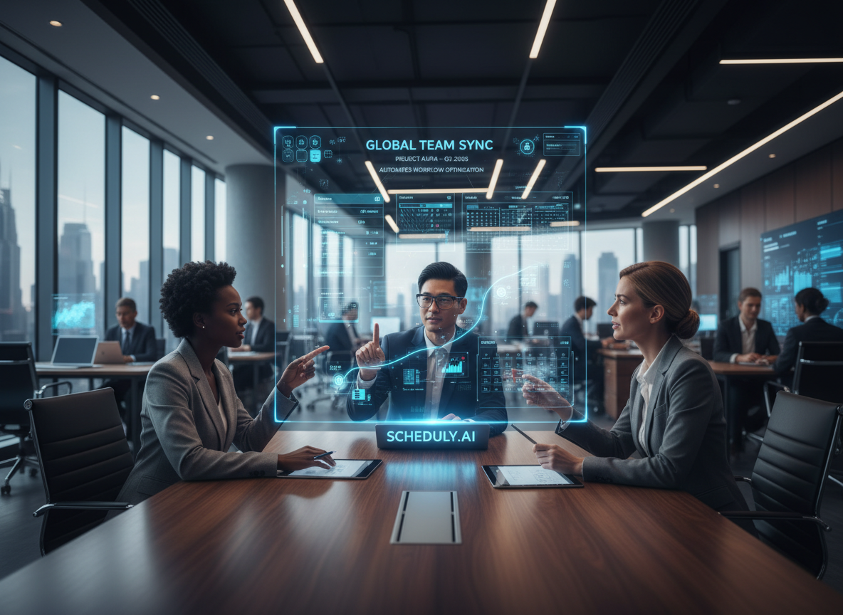 A modern office scene showcasing current trends in scheduling automation with holographic displays.