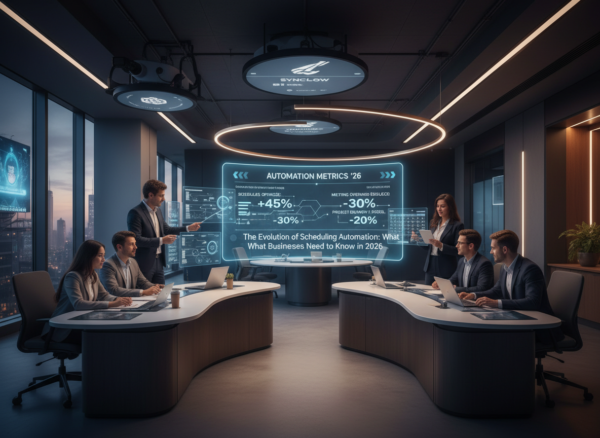 An open-plan office showing the benefits of scheduling automation with visible efficiency metrics.