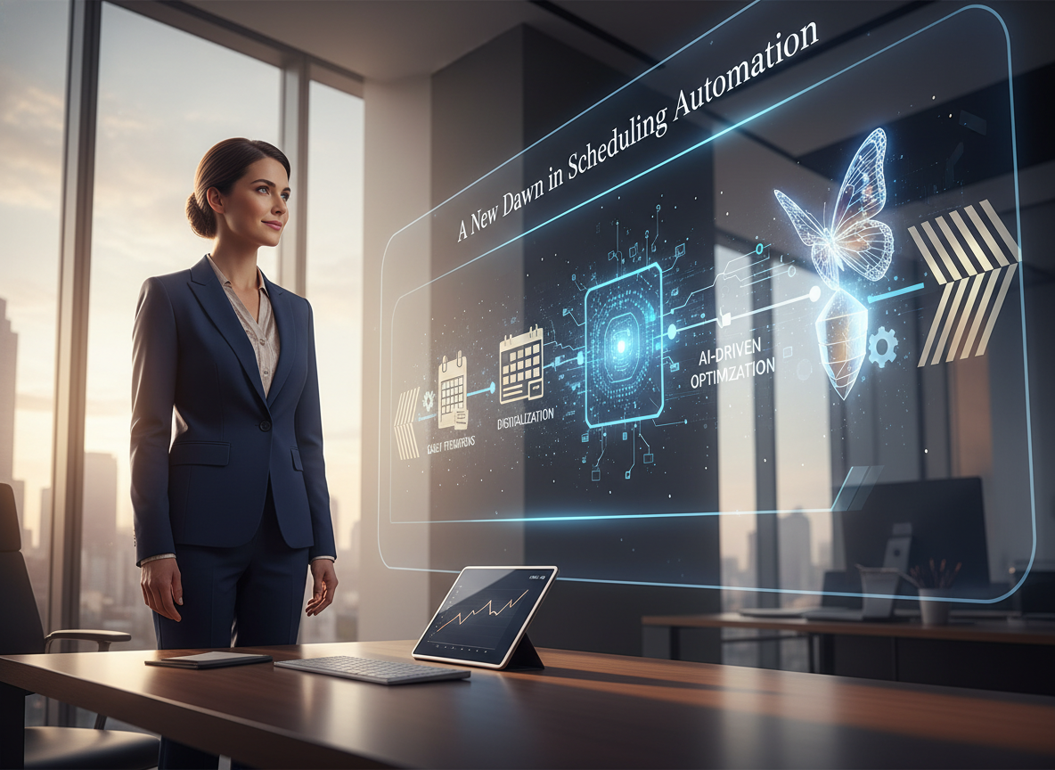 A modern office scene showing the evolution of scheduling tools from paper to AI, symbolized by a butterfly emerging from a cocoon, illustrating the dawn of new automation technology.
