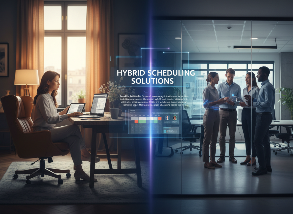 A split-screen image showing a remote worker and an office team using adaptive scheduling tools, illustrating the trend of hybrid work models.