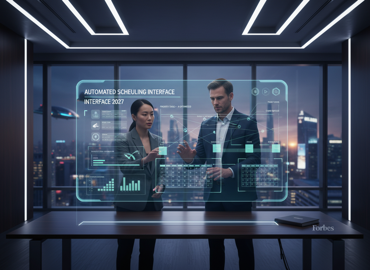 A futuristic office with a holographic AI scheduling interface, symbolizing AI's role in modern productivity.