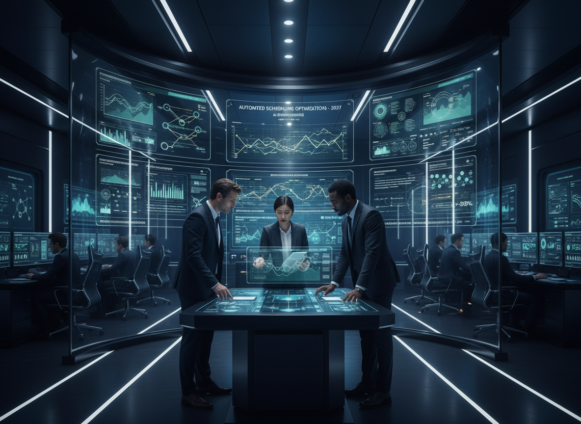 A digital control room showcasing AI-driven scheduling data and analytics, representing the transformation of business operations.