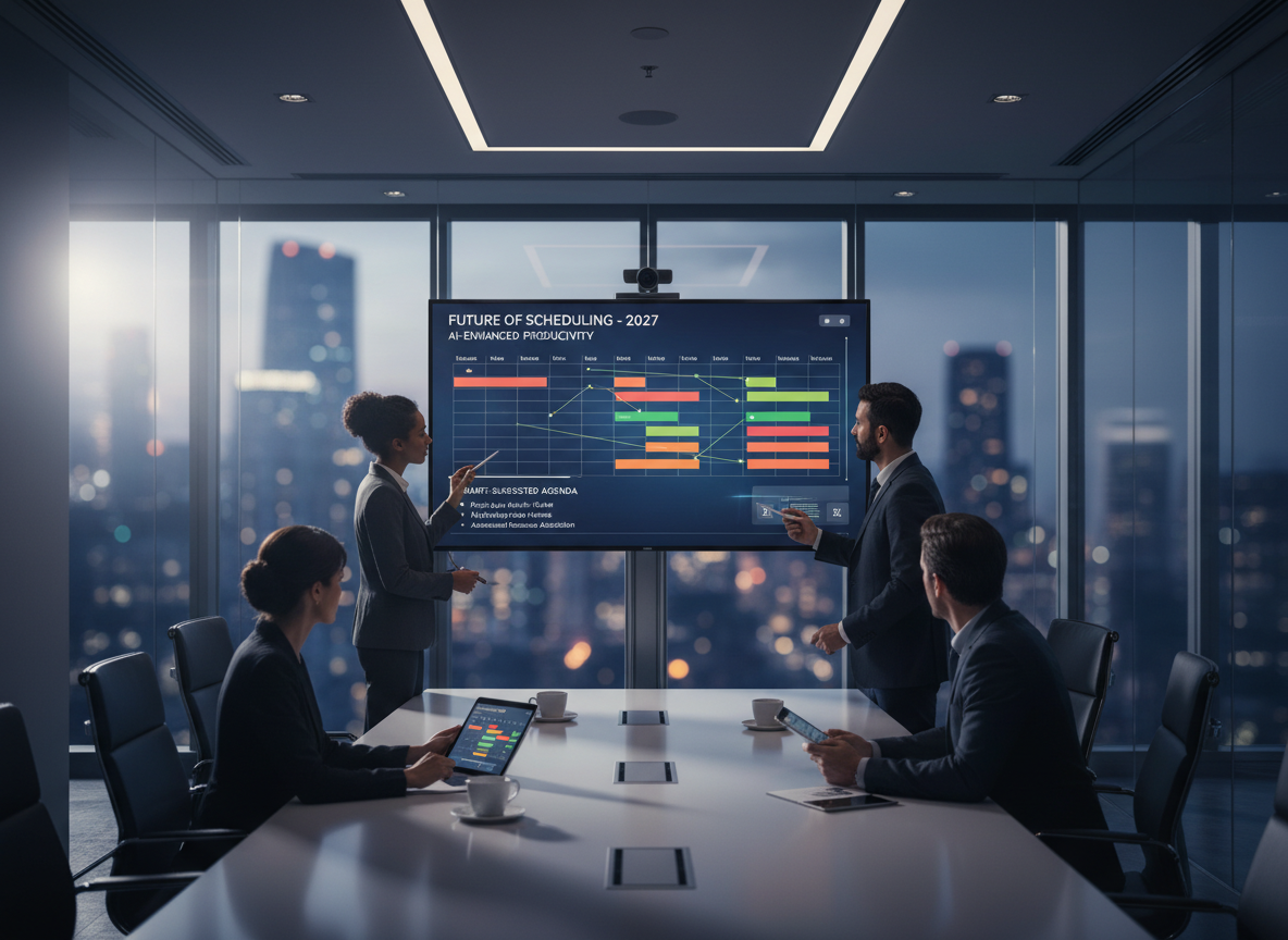 A team meeting with AI-driven scheduling tools on display, illustrating enhanced productivity through automation.