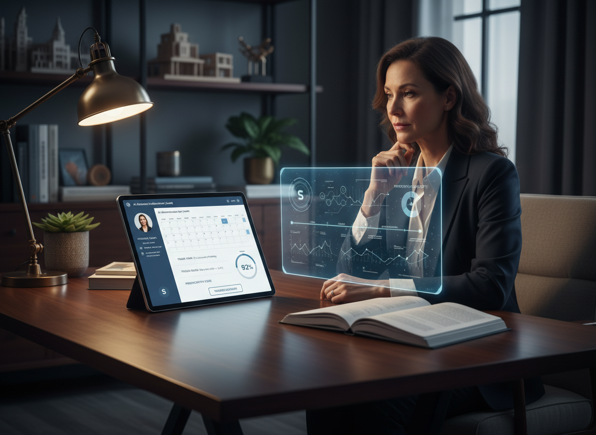 A home office with a personalized AI scheduling assistant on a tablet, emphasizing tailored scheduling solutions.