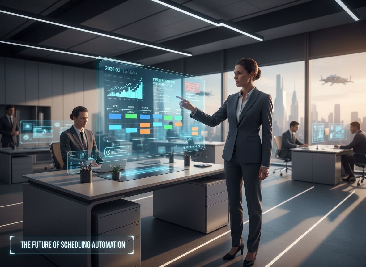 A manager in a futuristic office reviews a holographic AI-driven scheduling dashboard, with predictive data and conflict alerts displayed in real-time.