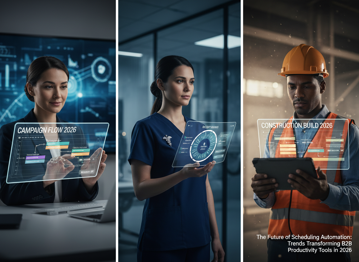 Professionals from different industries using personalized scheduling tools, such as a marketing manager with a campaign scheduler and a healthcare worker with a patient rotation app.
