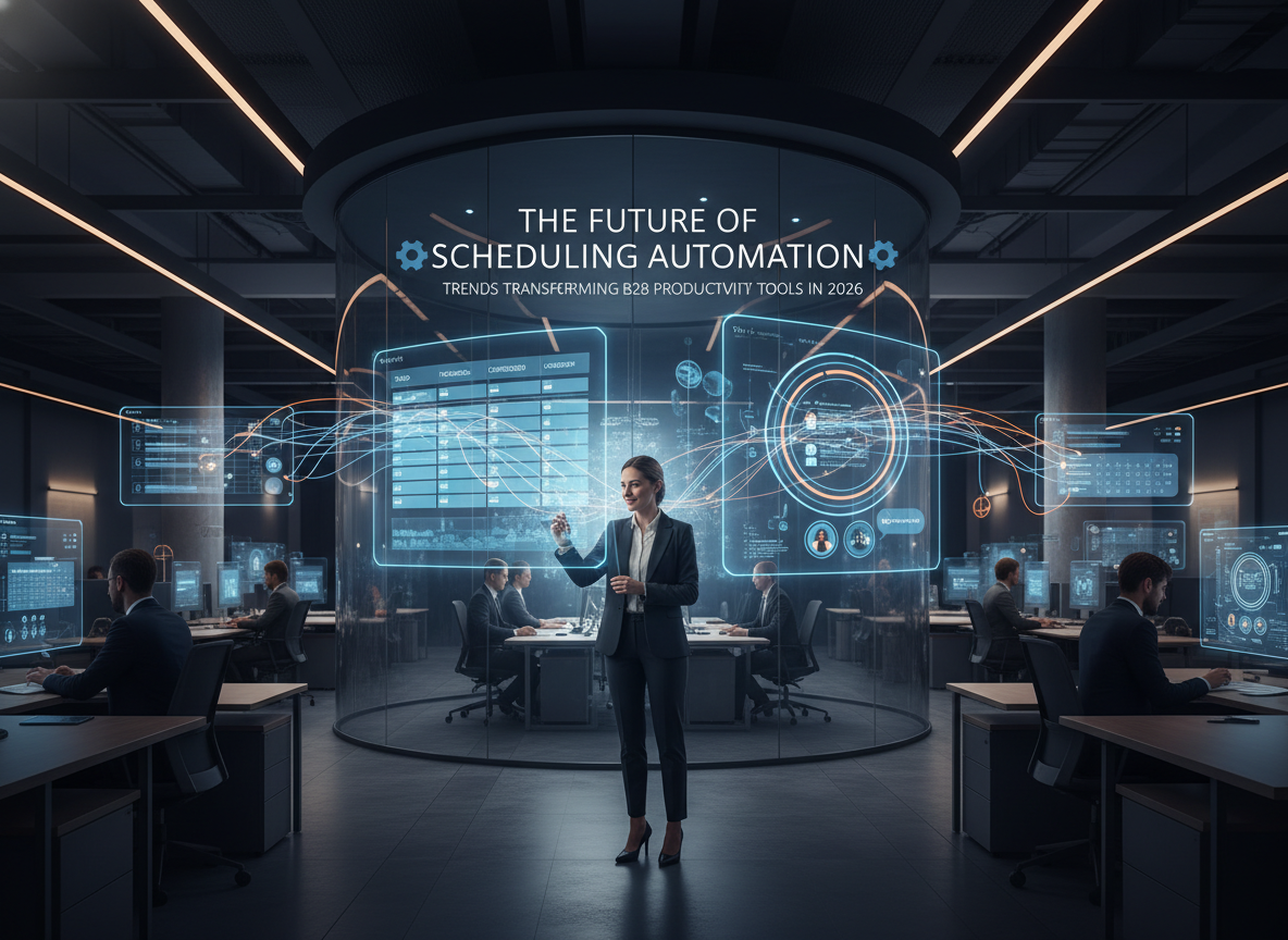 An interconnected office floor with holographic connectors linking individual scheduling tools to workflow platforms like Kanban boards and team chats.