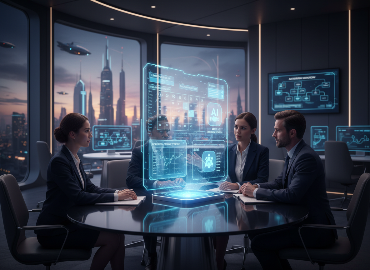 A futuristic co-working space with a holographic AI assistant projecting scheduling data, illustrating the role of artificial intelligence in scheduling.