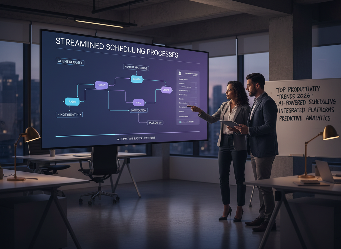 A modern office with a digital screen showing workflow automation, illustrating automation's role in creating streamlined scheduling processes.