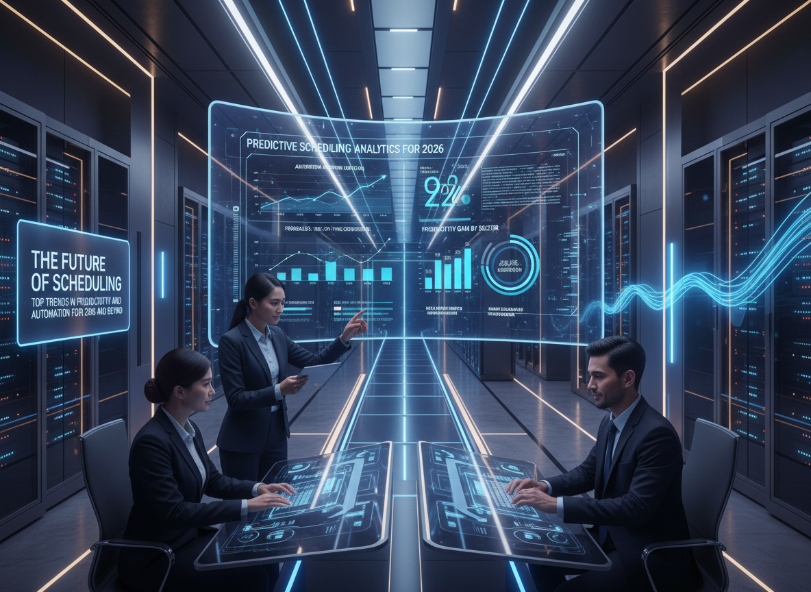 A futuristic data center with a digital display showcasing predictive analytics for scheduling, emphasizing data-driven insights.