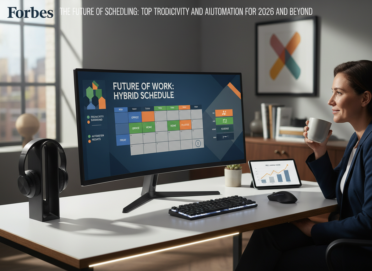 A home office with a scheduling app showing a hybrid work calendar, emphasizing flexibility and work-life balance.