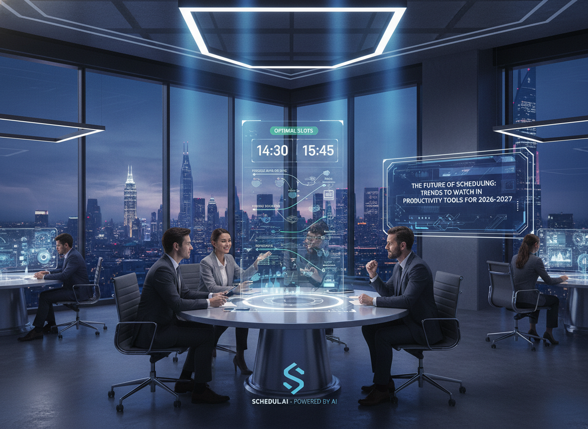 A futuristic co-working space showcasing an AI-powered scheduling tool with holographic data overlays suggesting optimized meeting times.