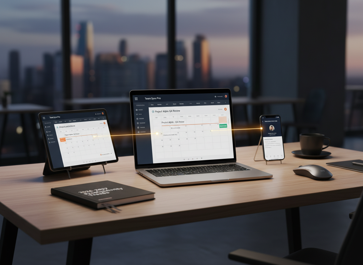 An office desk showing synchronized scheduling updates across a laptop, tablet, and smartphone, illustrating seamless platform integration.