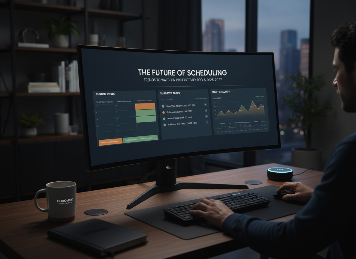 A personalized scheduling dashboard in a home office setting, showcasing custom views and suggested tasks tailored to the user’s habits.