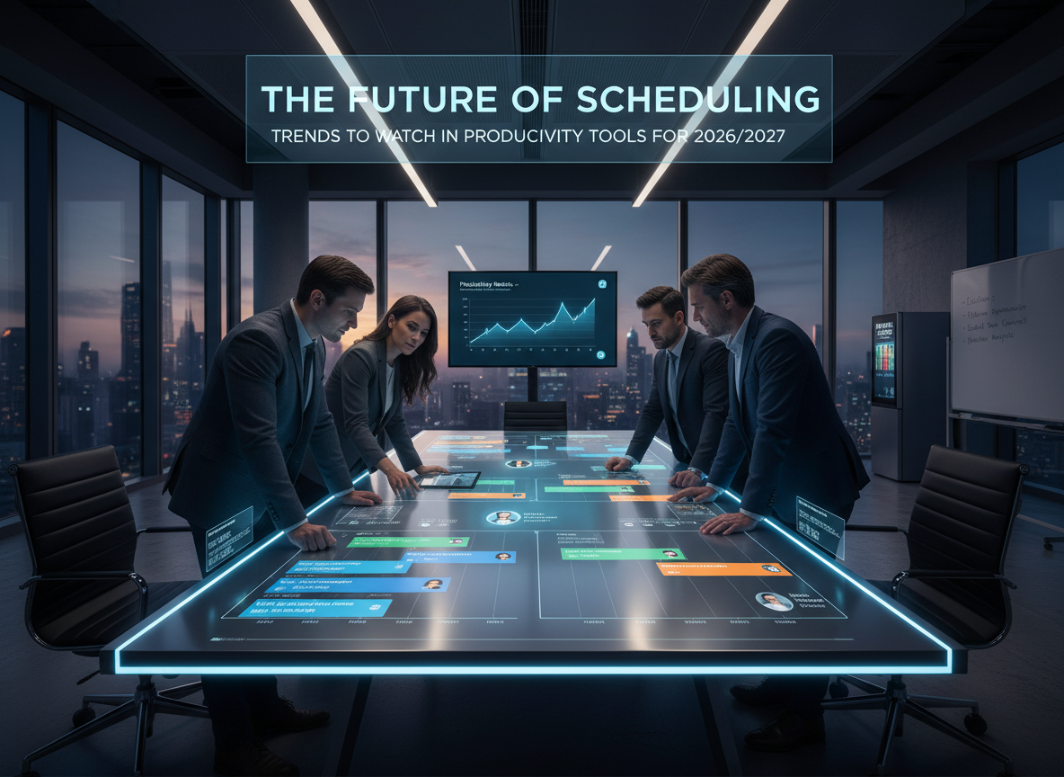 A team using a touchscreen table to collaboratively manage a shared scheduling interface with tasks, comments, and remote integration.