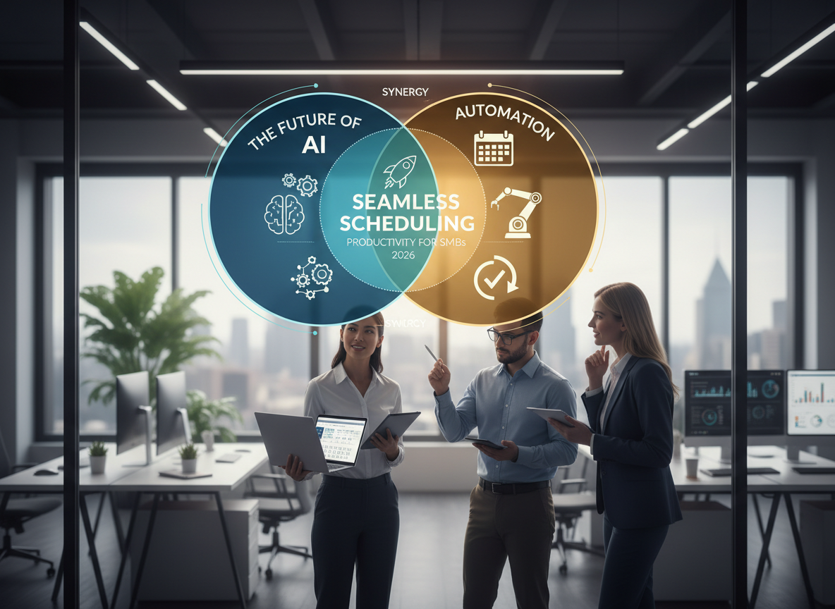 Venn diagram on a whiteboard illustrating the synergy of AI and automation in scheduling