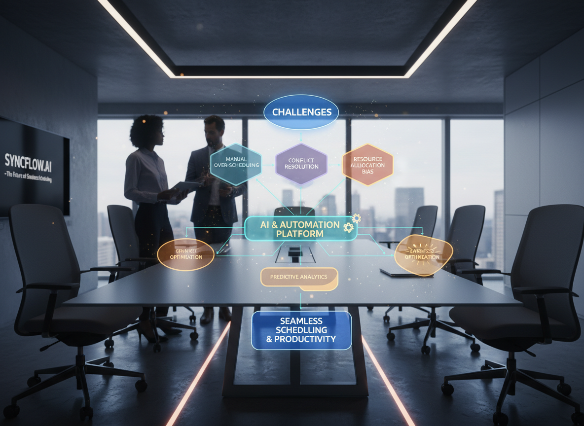 Interactive flowchart showing challenges and solutions for AI and automation in scheduling
