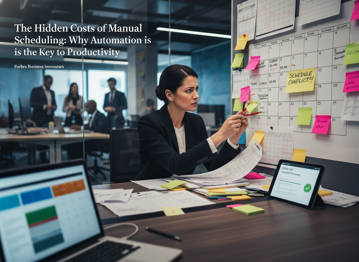 A stressed office manager surrounded by disorganized calendars and sticky notes, symbolizing the inefficiencies of manual scheduling.