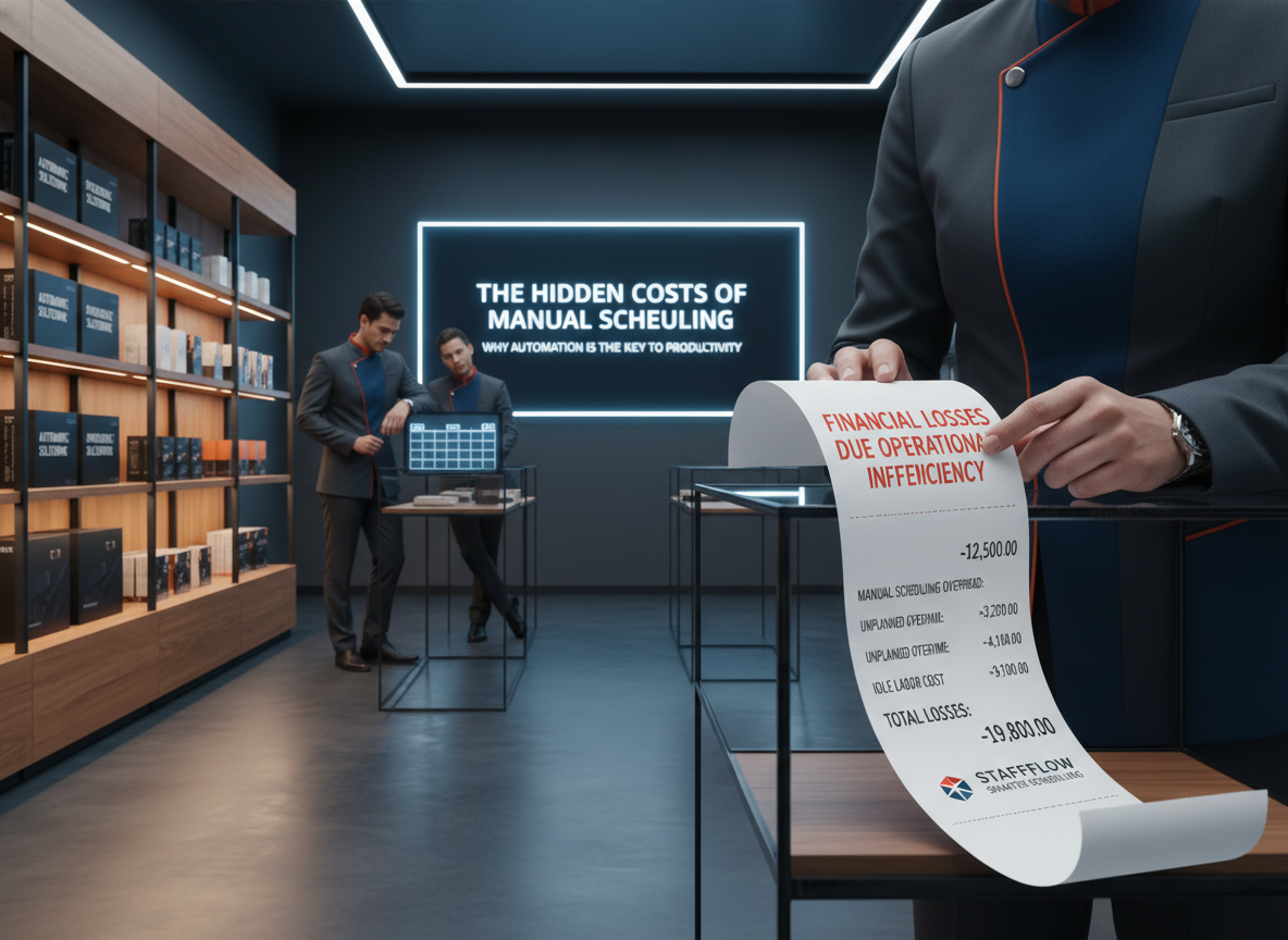 A retail store with idle employees and a receipt showing financial losses caused by manual scheduling inefficiencies.