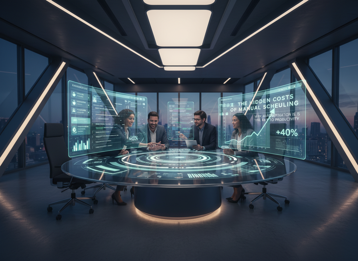 A futuristic office with a team using an automated scheduling interface, symbolizing the benefits of streamlined processes.