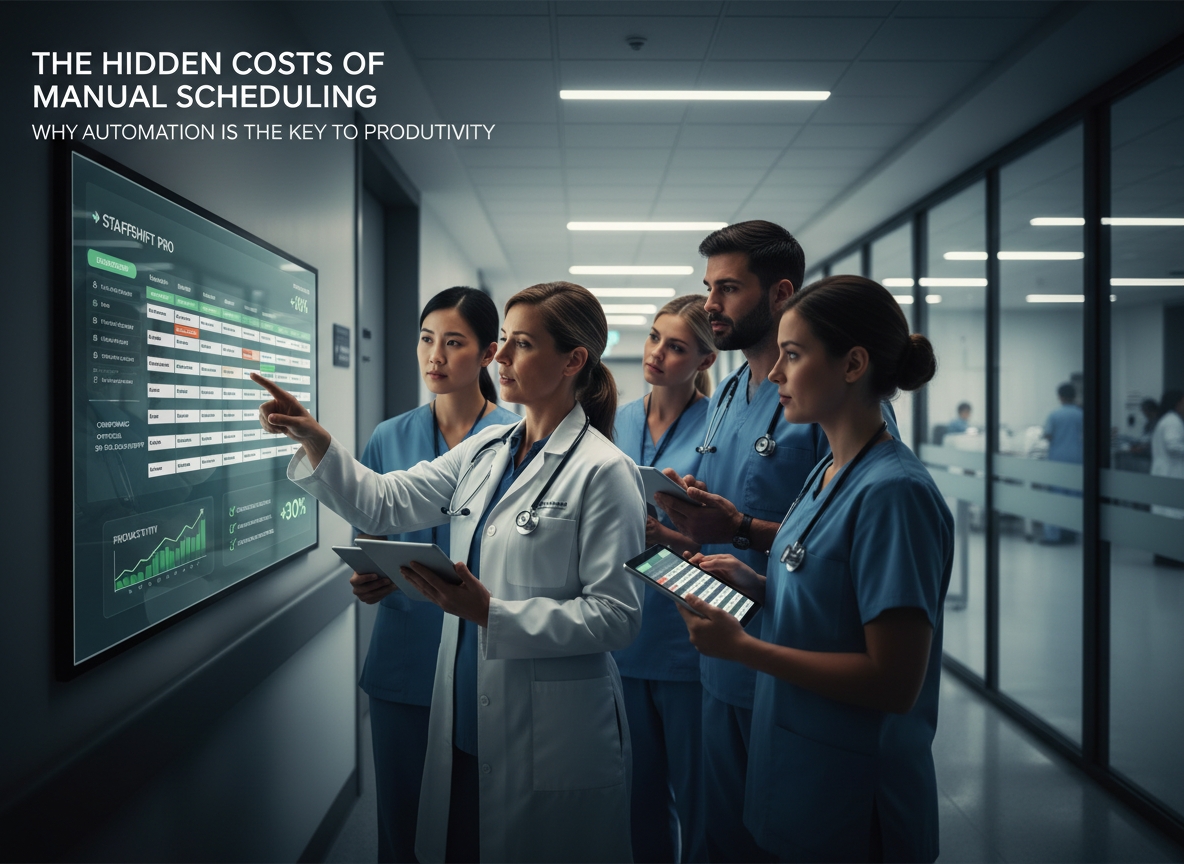 A hospital corridor with professionals using scheduling automation tools, emphasizing compliance and real-world success.