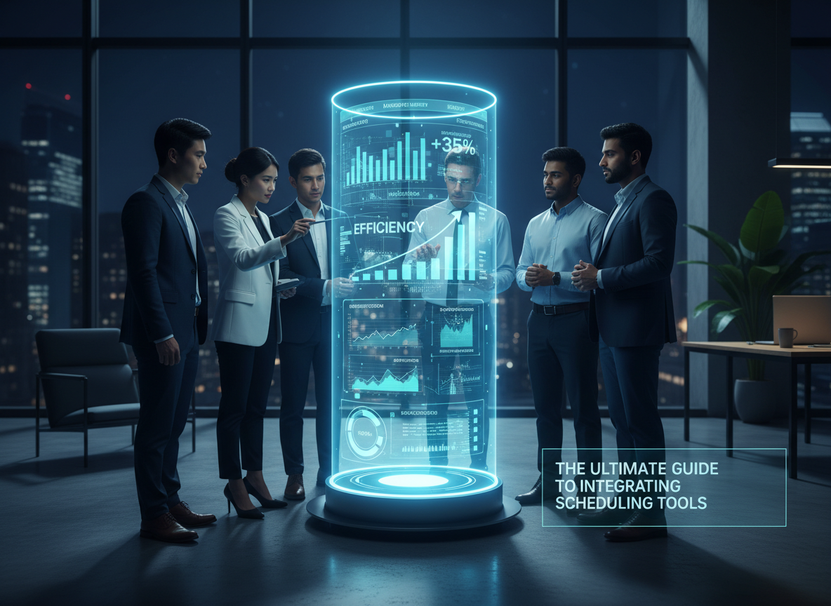 Diverse team in a modern office analyzing holographic data overlays representing efficiency in project management.