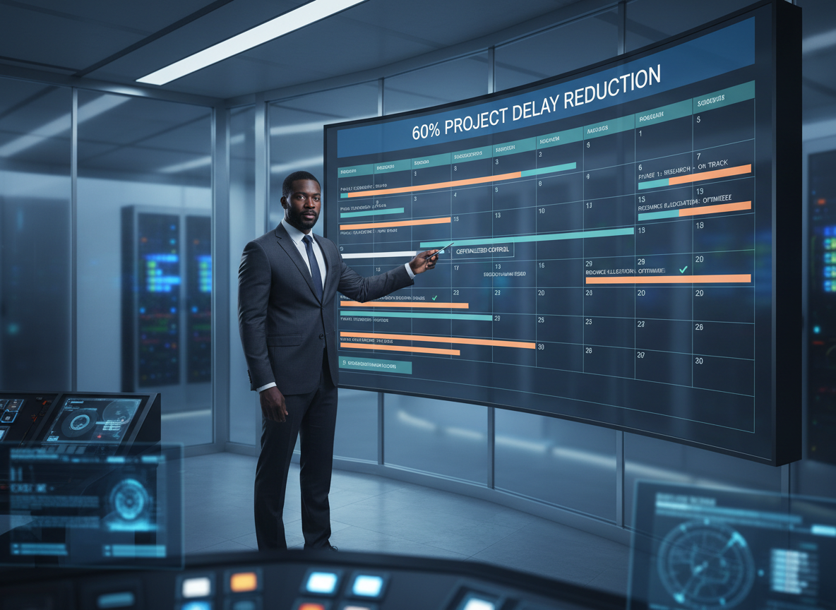 Operations manager in a command center using a digital wall to manage project schedules with reduced delays.
