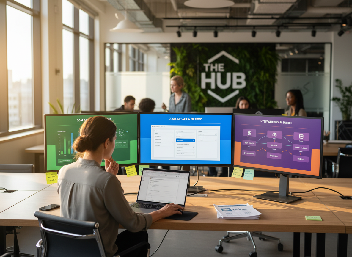 Project manager reviewing scheduling software options in a co-working space, focusing on customization and scalability.
